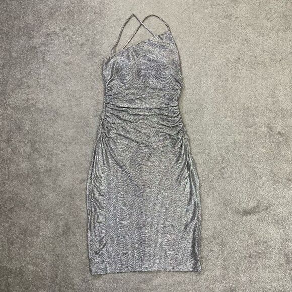 Laundry By Shelli Segal Womens Ruched Sparkly Bodycon Dress Silver Size 8 NWOT - Picture 1 of 10